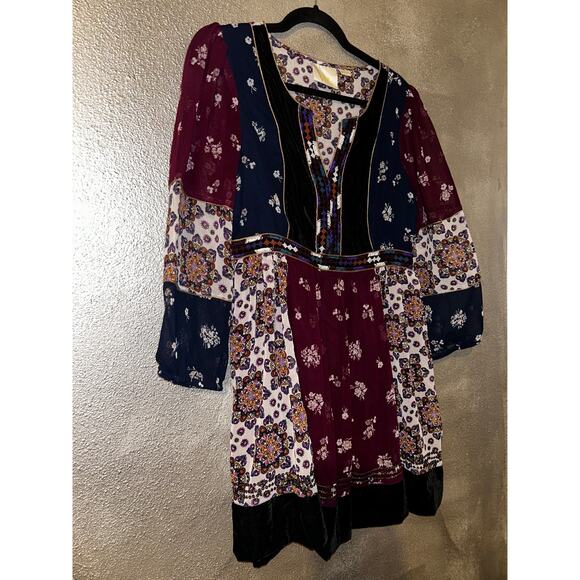 Anthropologie Maeve Boho CottageCore Grunge Hippie Velvet Blue Red Peasant Dress - Picture 4 of 11